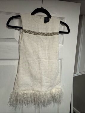 Love Made Love girls Ivory Feather-Trim Formal Dress with Pearl Band